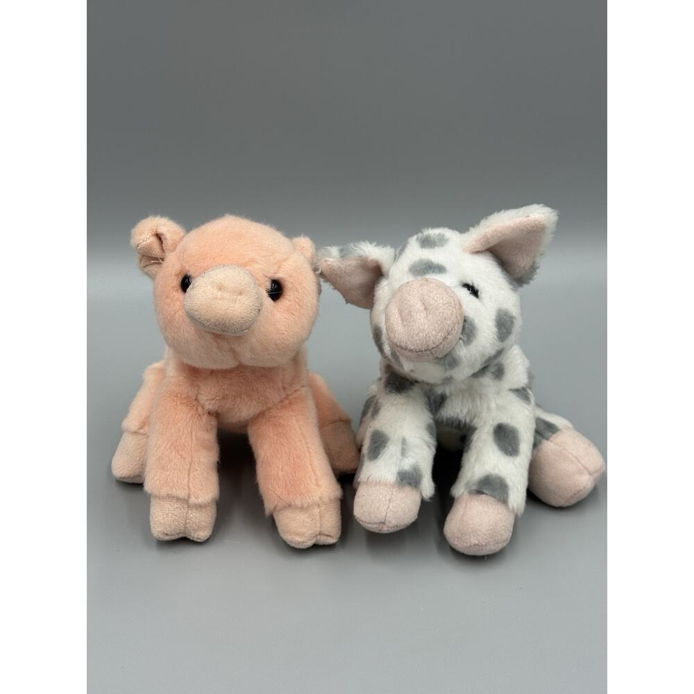 Aurora Pig Pink & Spotted Stuffed Animal Farm Plush Set Of 2 Flopsies 7”